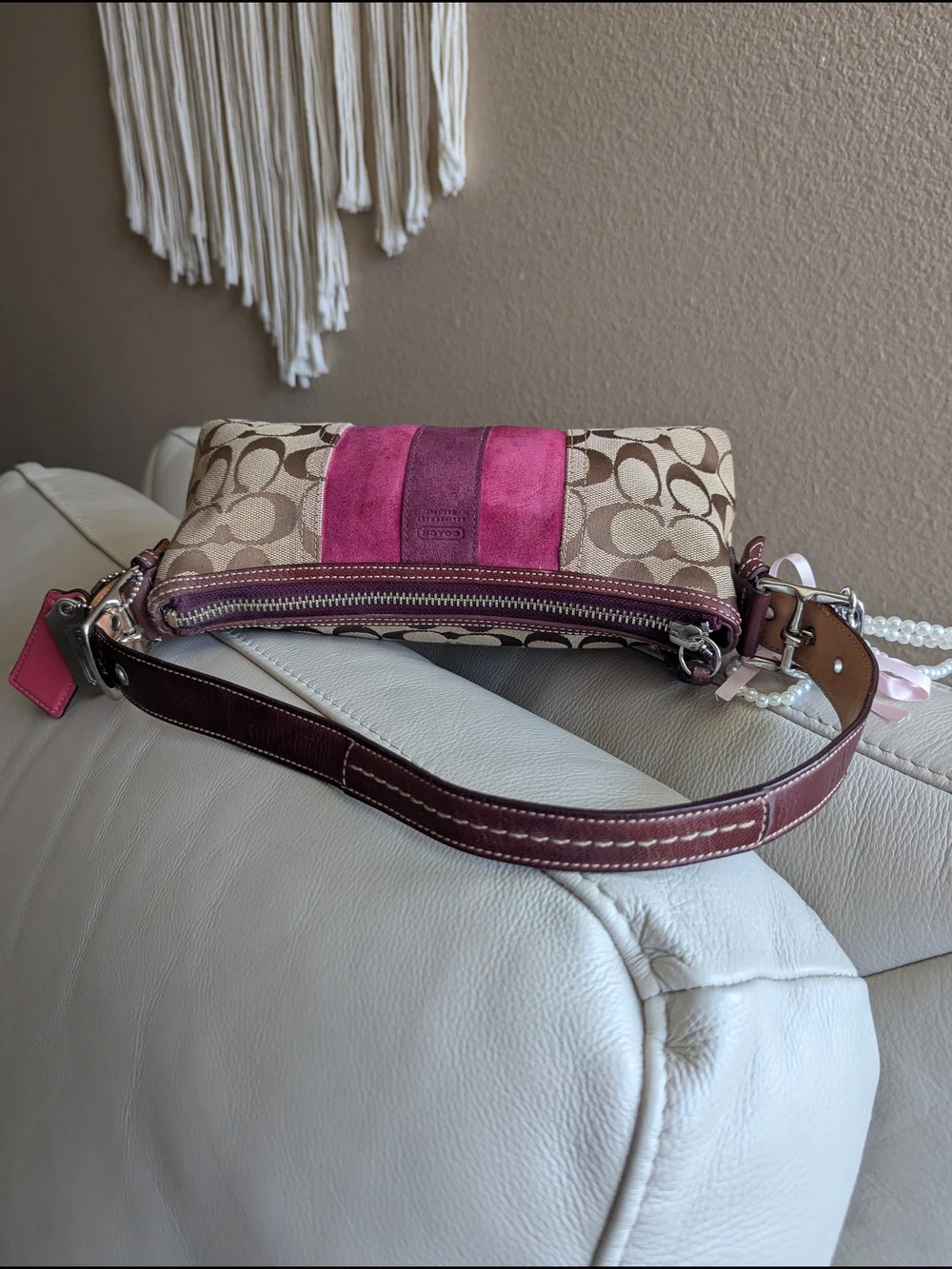 vintage Coach Signature Striped Suede Demi Baguette